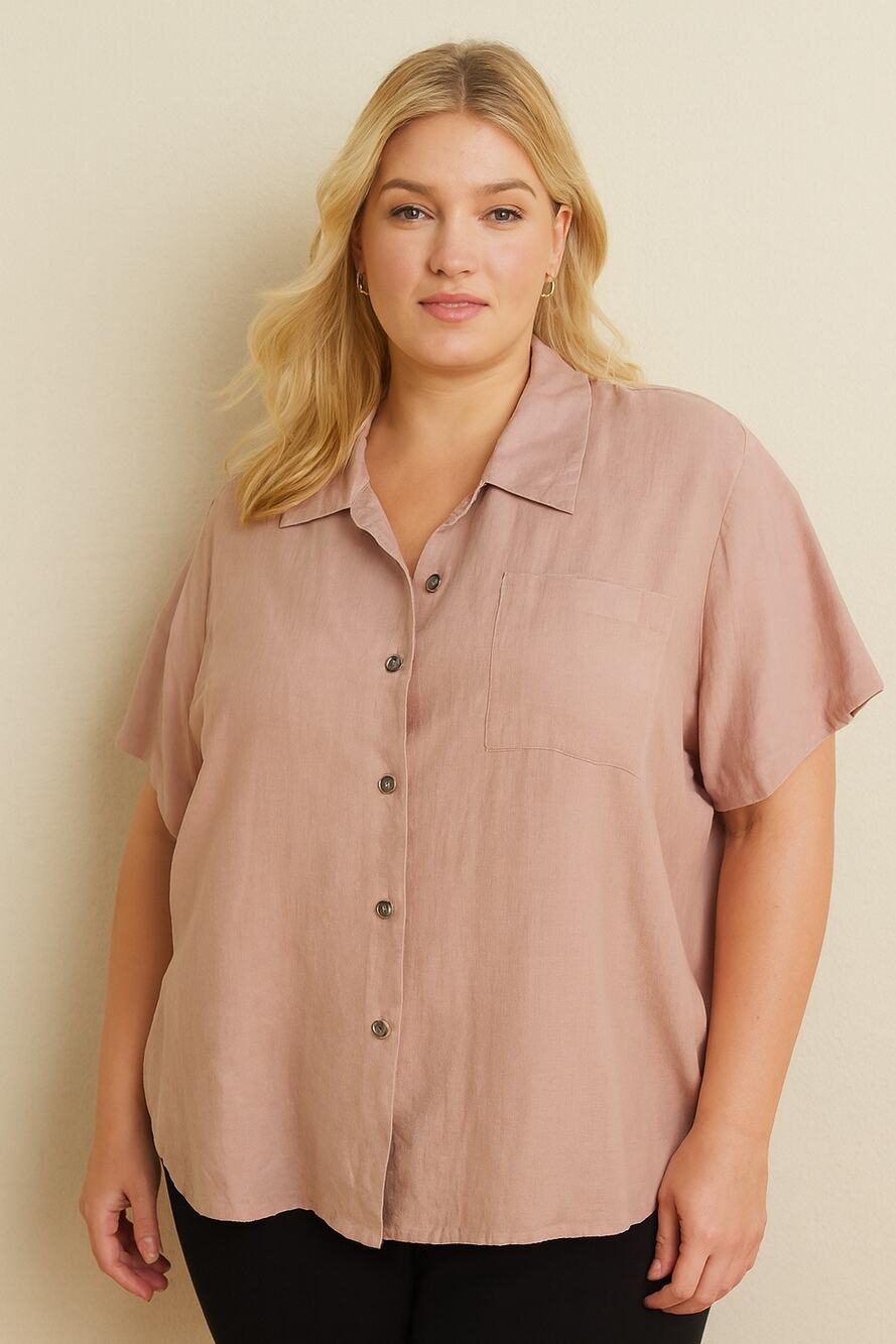 Silkland Collection Women’s 1X Pink Silk Linen Button Front Short Sleeve Shirt